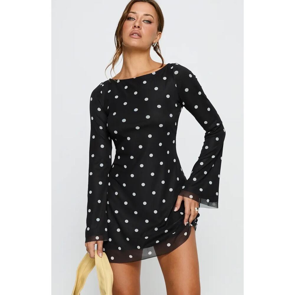 Princess Polly Lukea Polka Dot Long Sleeve Mesh Minidress Black 10 NWT